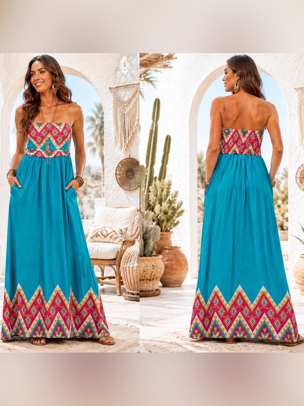 Fantastic Fawn Pink Teal Boho Aztec Resort Vacation Strapless Maxi Dress Small